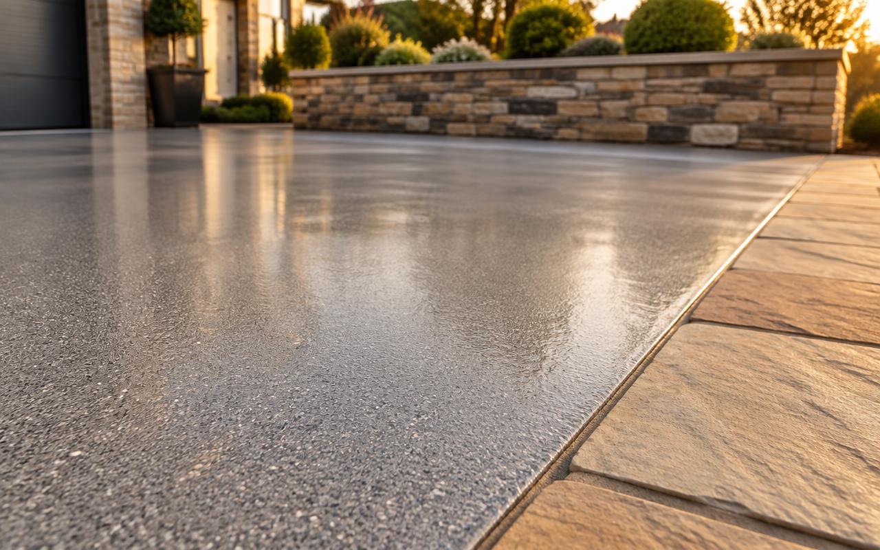 Resin bound driveway surface in warm grey aggregate laid smooth over a sound base