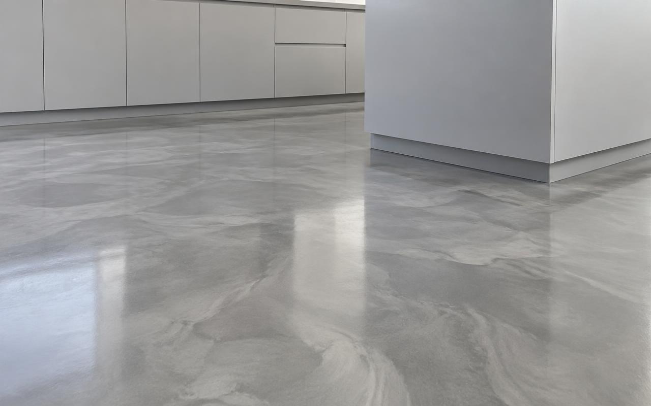 Glossy grey marbled epoxy resin floor in a modern kitchen